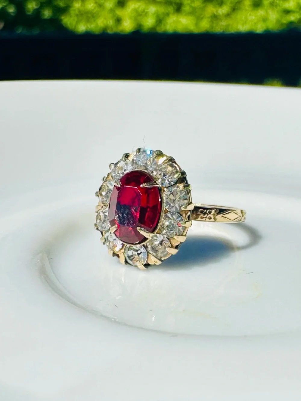 Vintage Victorian Revival 14K Garnet & Crystal Halo Cluster Ring—14K RGF—Sz 5.75